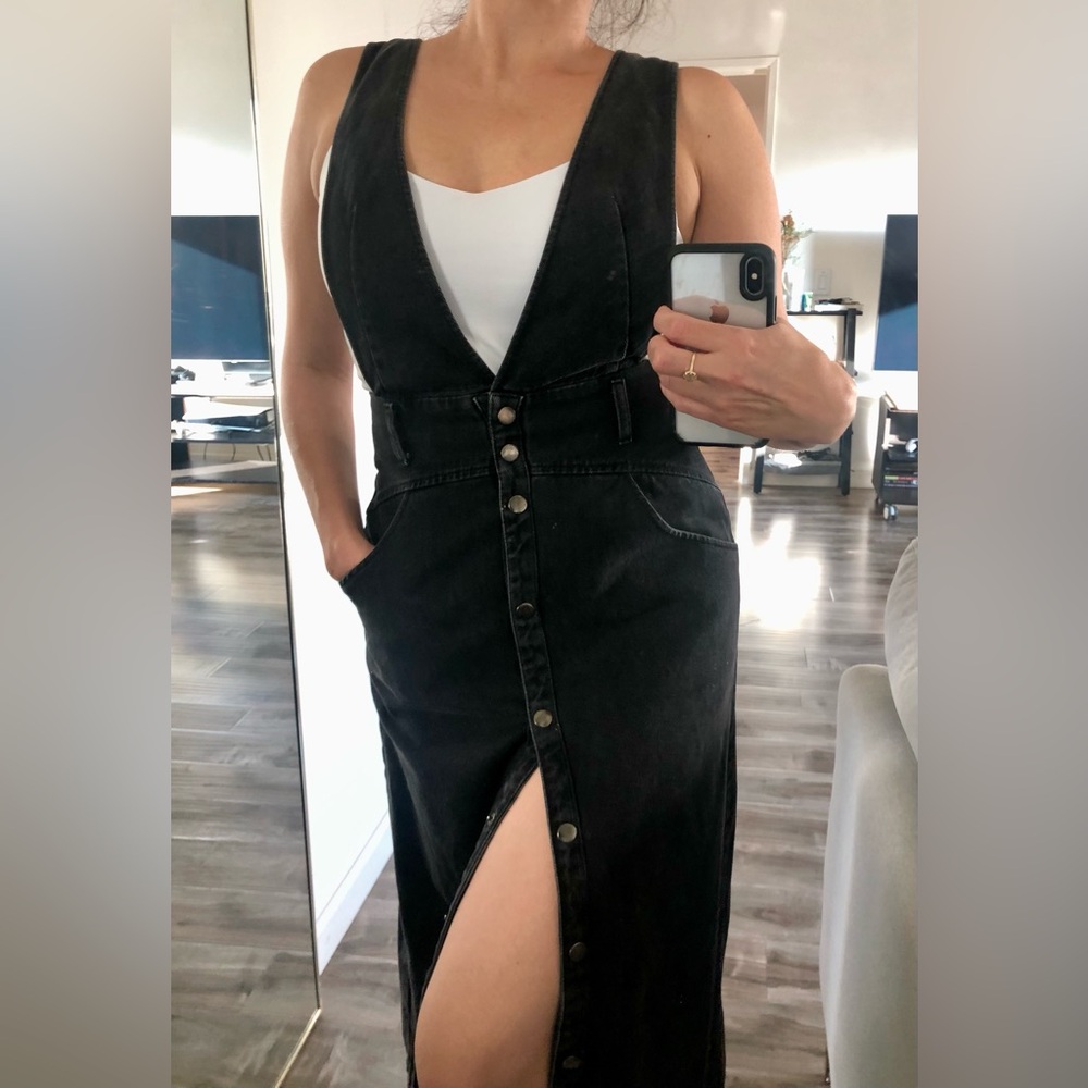 Zara Pinafore Overalls Skirt Midi Dress Charcoal Black Denim XSmall